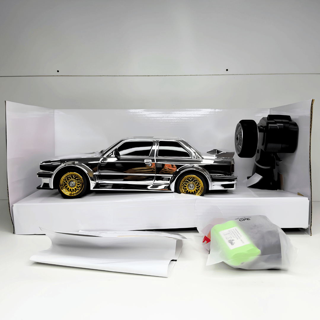 Silver WHOOSH BMW E30 1/16 scale RC drift car front view with gold mesh rims for low wholesale price India and online shop