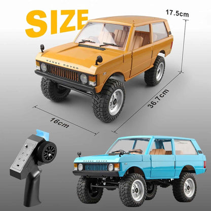Yellow and blue MN168 Range Rover RC cars shown next to the remote controller highlighting the size